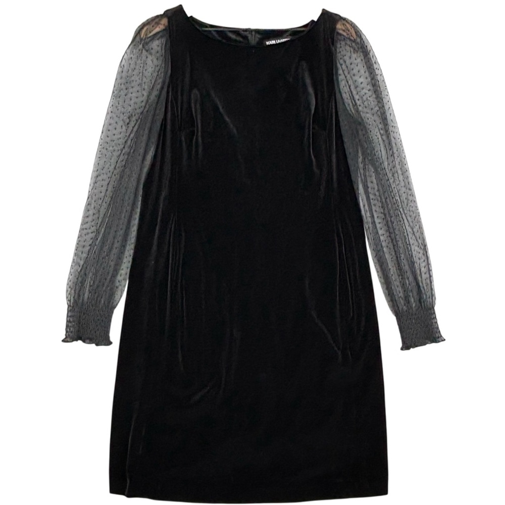 Karl‎ Lagerfeld Dress Womens 14 Black Velvet Sheer Long Sleeve Sheath
